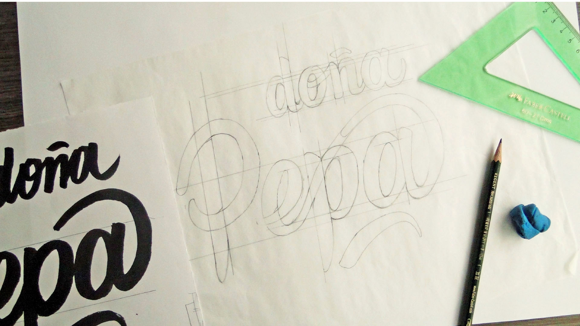 Rebranding. Bocetos a lápiz de la identidad visual de Doña Pepa