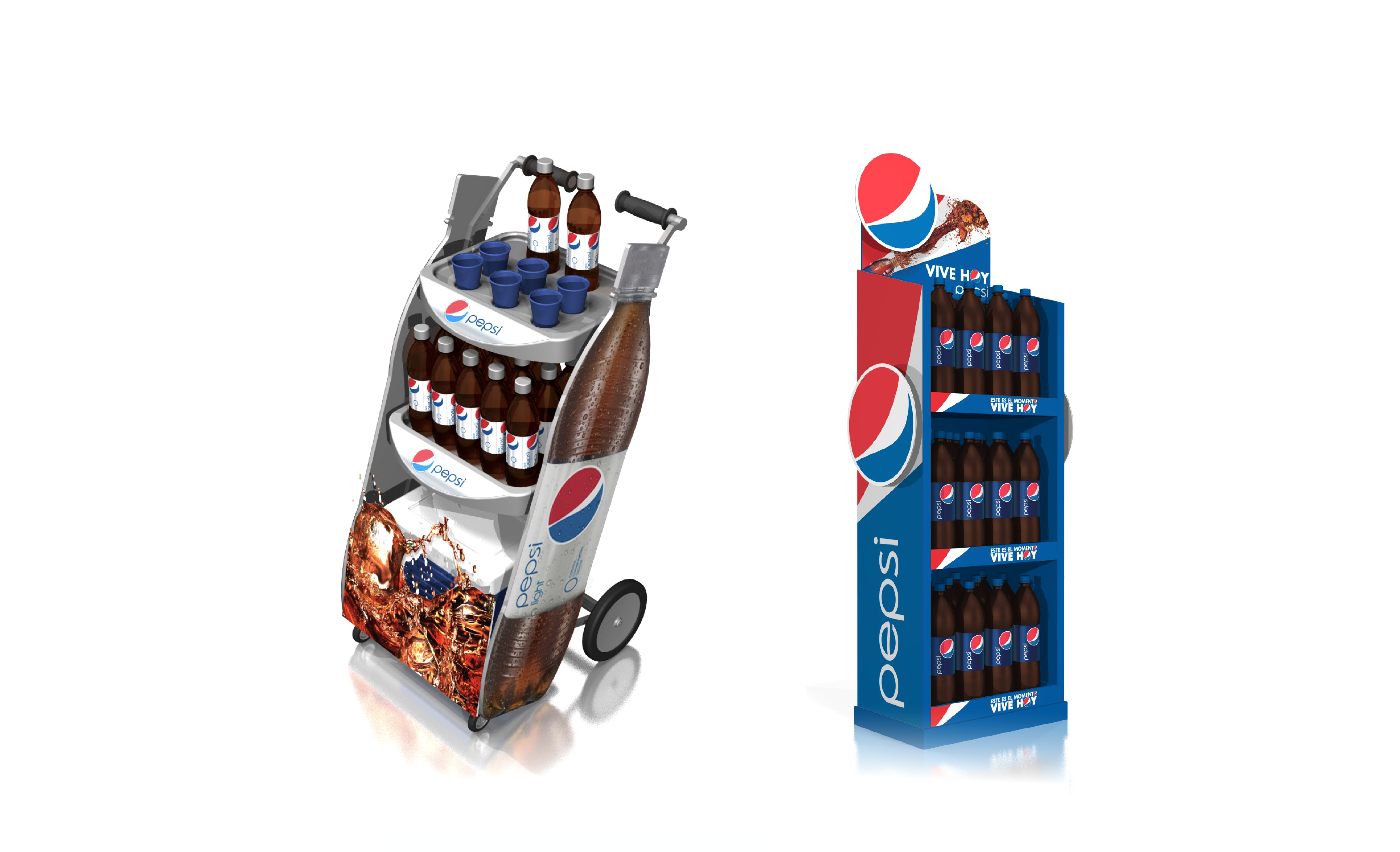 Diseño de muebles para supermercado Pepsi. Material POP, diseño industrial, diseño gráfico.